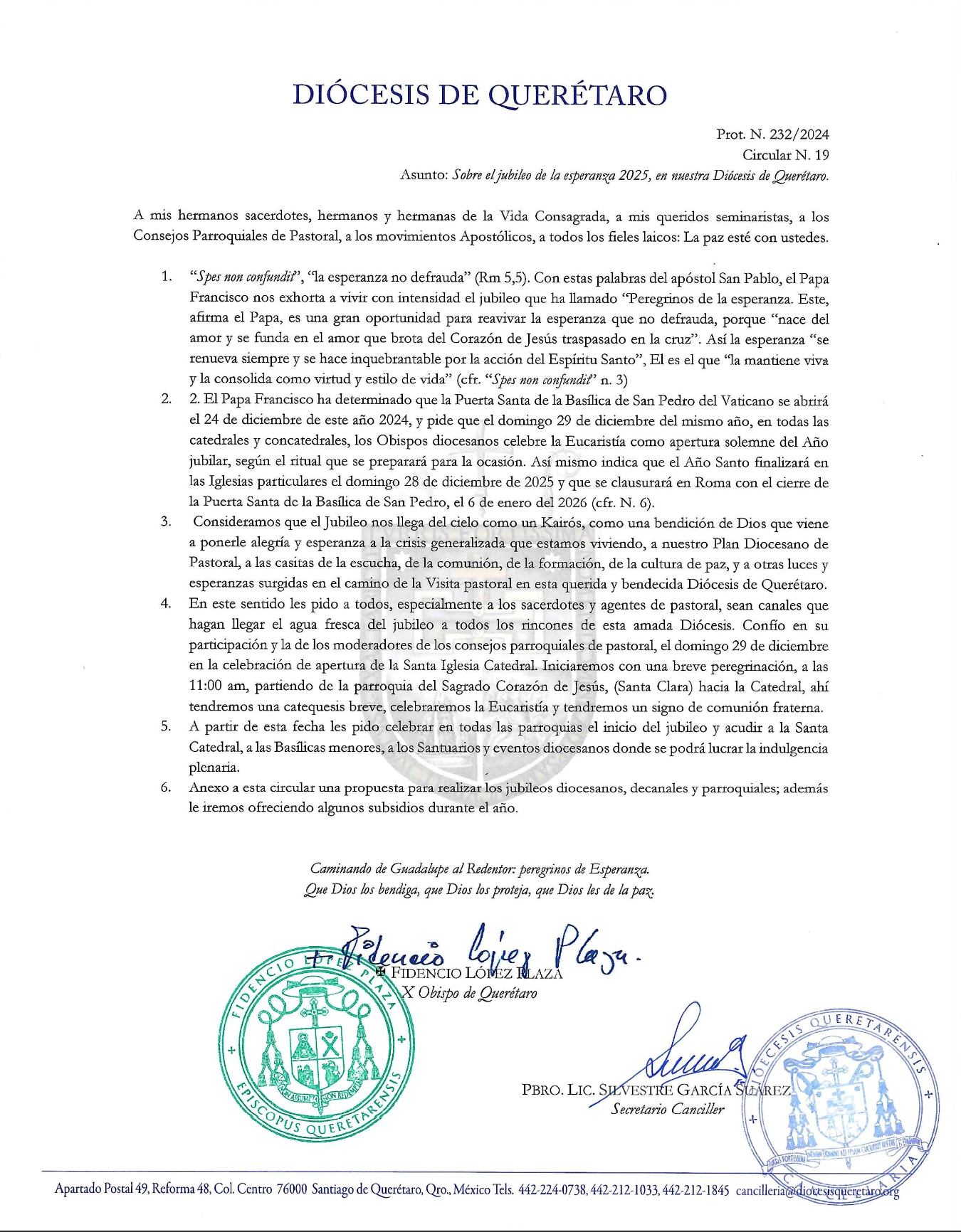 Prot. N. 232/2024 Circular N. 19 Asunto: Sobre el jubileo de la esperanza 2025, en nuestra Diócesis de Querétaro.